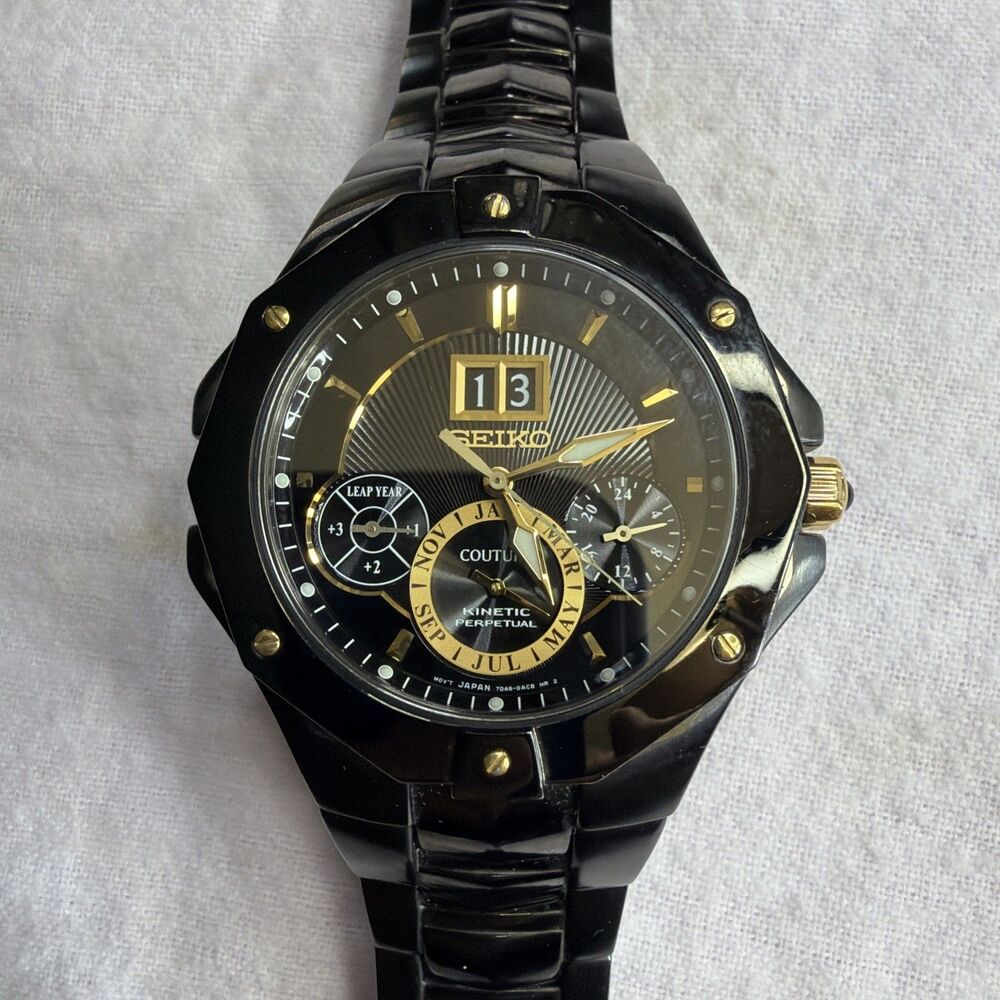 Seiko Coutura Mens Watch 41mm Black Stainless 7D46-0AC0 Kinetic Perpetual 7.25"
